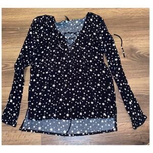 EUC Forever 21 Star Print Blouse Small Black Lace Up Long Sleeve Boho